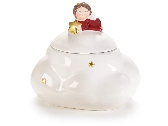 Cloud food jar in glossy ceramic with little angel