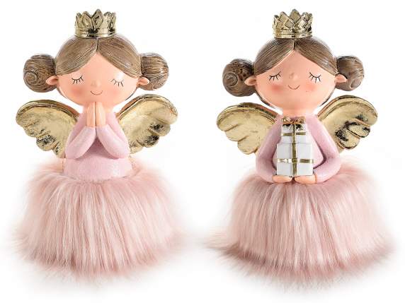 Resin angel with golden wings, eco fur skirt and LED lights