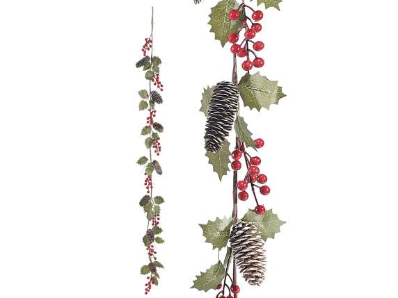 Garland festoon with snowy pine cones and red berries