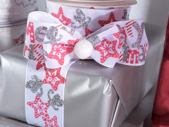 White moldable ribbon with Xmas decor,silver glitter