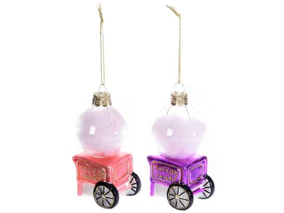 Cotton candy cart in colored glass to hang