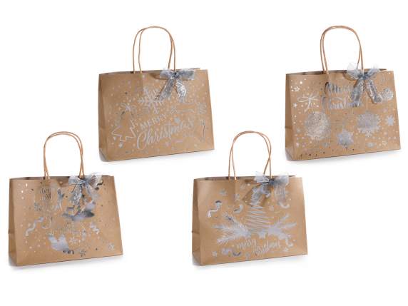 Silver Christmas kraft paper bag with silver bows