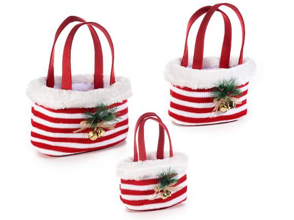 Set of 3 knitted effect handbags with pine tree and bells