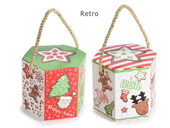 Christmas decorated paper box with twisted ribbon handle