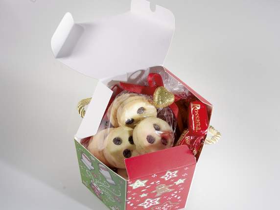 Christmas decorated paper box with twisted ribbon handle