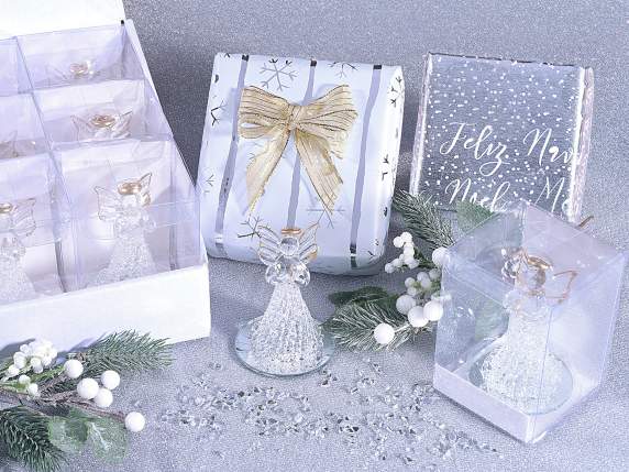 Glass angel with mirror base and golden edges in box and dis