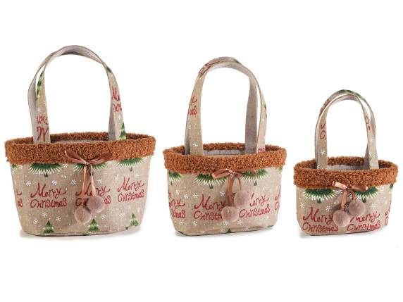 Set of 3 fabric bags with pompom and wool-effect edge