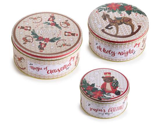 Set of 3 round metal boxes with Vintage Toys decorations