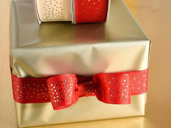Satin ribbon worked with golden polka dots