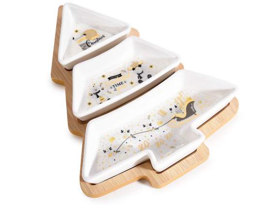 Aperitif set with 3 porcelain plates on tree tray