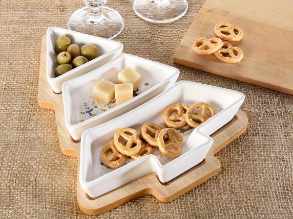 Aperitif set w - 3 porcelain plates on tree-shaped tray