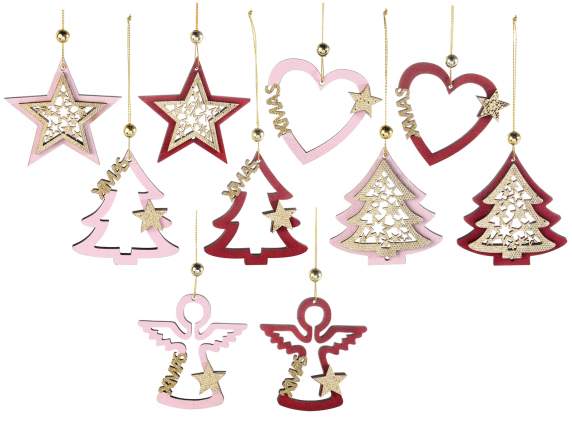 Display 40 wooden decorations with glitter to hang