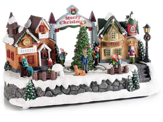 Resin village with rotating tree, multicolor lights and musi