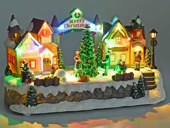 Resin village with rotating tree, multicolor lights and musi