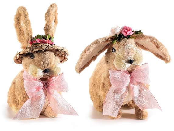 Natural fiber rabbit with bow and flowers