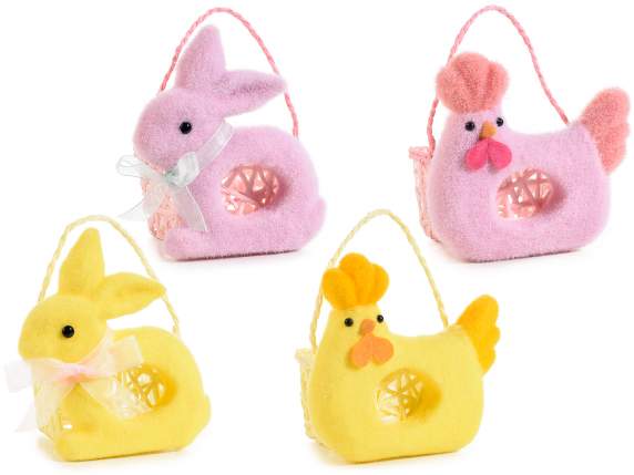 Paper basket with flocked hen and rabbit and handle