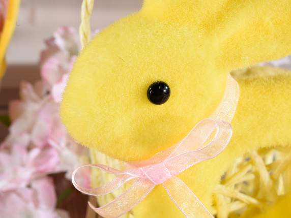 Paper basket with flocked hen and rabbit and handle