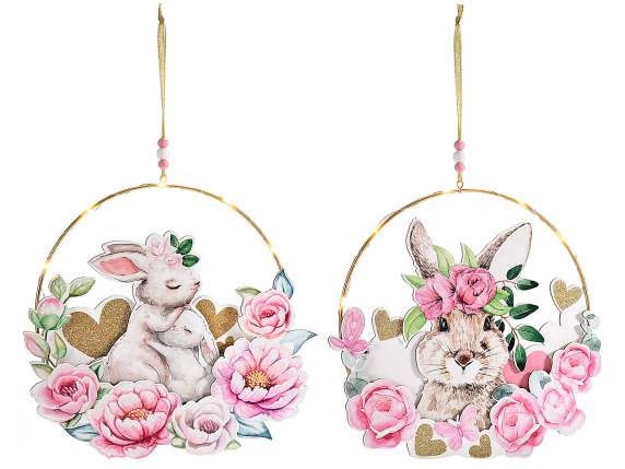 Hanging metal decoration with wooden rabbit and lights