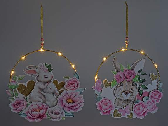 Hanging metal decoration with wooden rabbit and lights