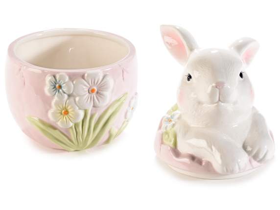 Egg-shaped food jar with rabbit in colored ceramic
