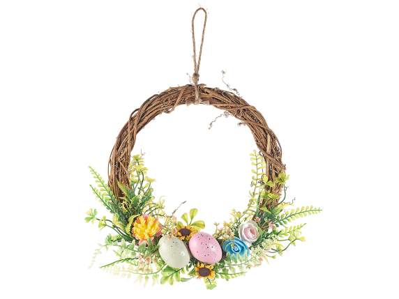 Wooden garland with eggs and colorful flowers to hang