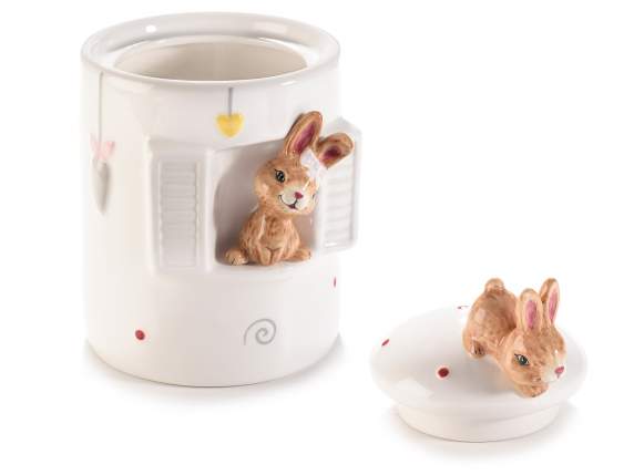 Ceramic food jar with bunnies, relief decorations