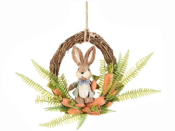 Wooden garland with rabbit, carrots and fern to hang