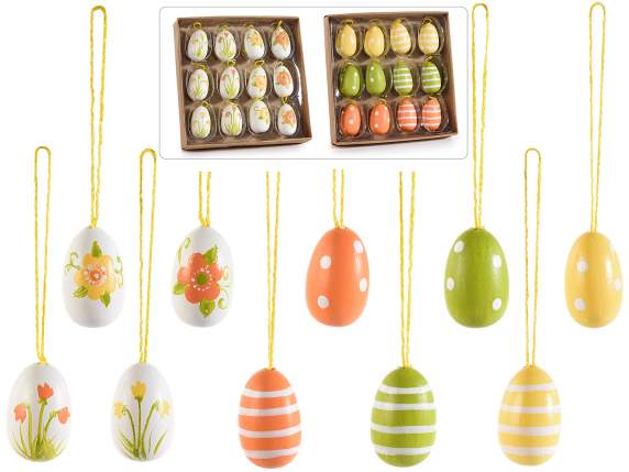 Display of 12 hand-painted wooden eggs to hang