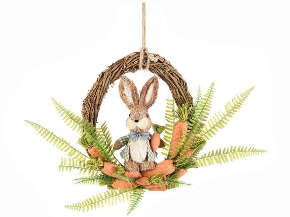 Wooden hanging wreath with rabbit, carrots and fern