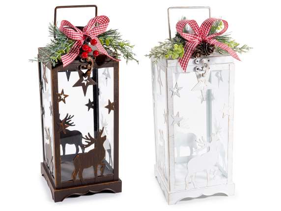 Metal lantern with stars, reindeer and bouquet with bow