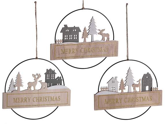 Metal wreath with wooden landscape to hang