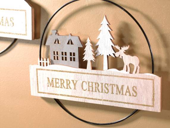 Metal wreath with wooden landscape to hang