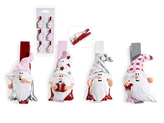 Blister with 6 wooden clothes pegs with pink gnomes