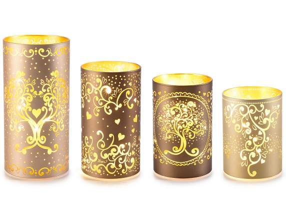 Set of 4 glass lamps with Tree of Life and LED lights