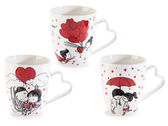 Porcelain mug 350ml with lovers and heart-shaped handle
