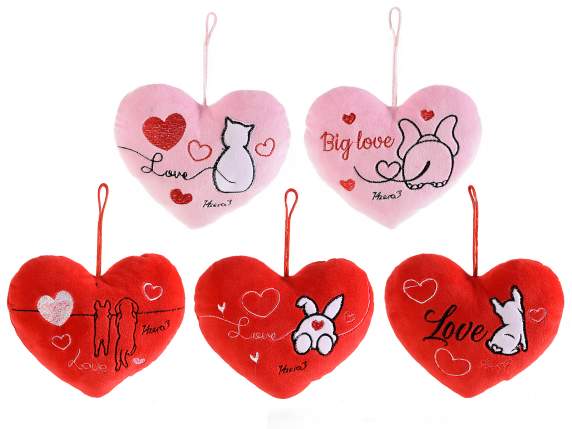 Red and pink padded hanging heart in embroidered fabric