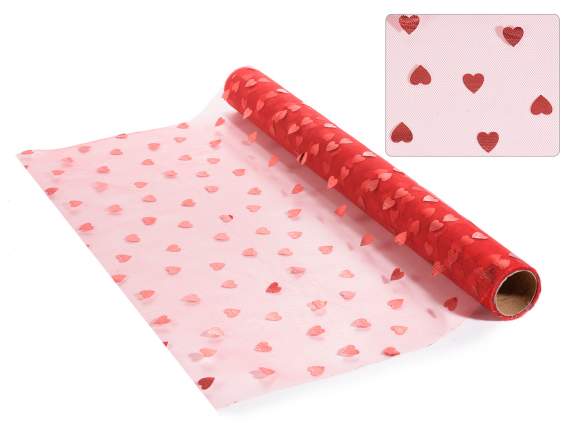 Roll of red tulle with metallic red hearts