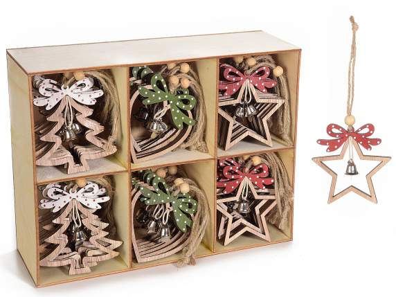 Display with 36 wooden decorations to be hanging with bell