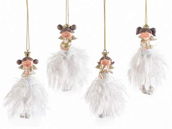 Long legs resin angel with feather skirt to hang