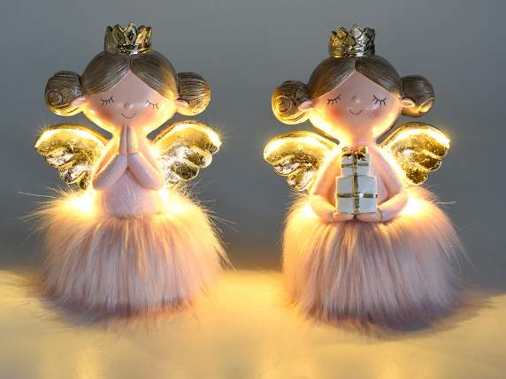 Resin angel w - golden wings, eco fur skirt and LED lights