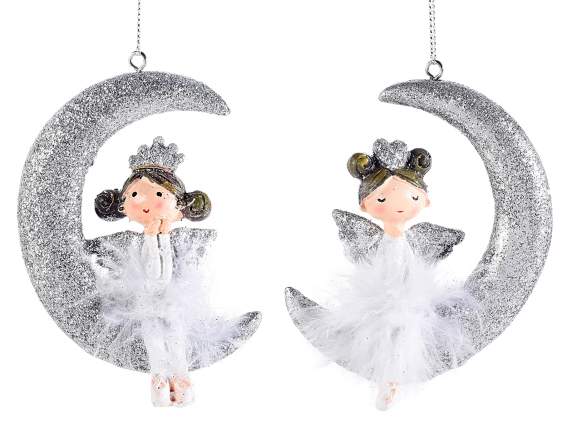 Resin angel with feather skirt to hang on silver moon