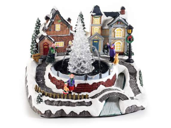 Resin Christmas landscape with lights, fountain and music