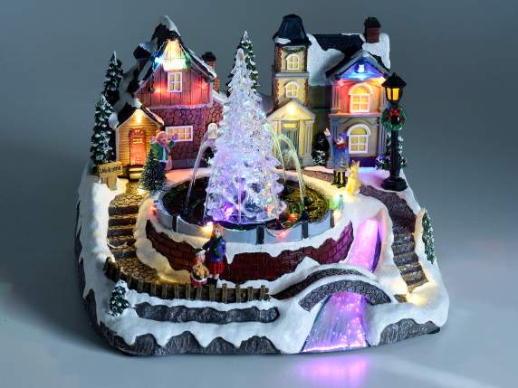 Resin Christmas landscape with lights, fountain and music