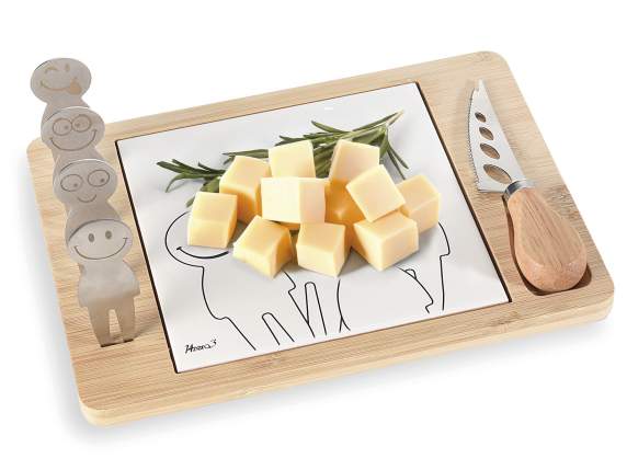 Bamboo and ceramic cutting board set with knife and 4 forks