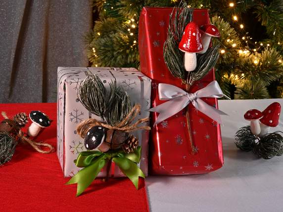 Pine needle sprig with mushroom, pine cone and bell