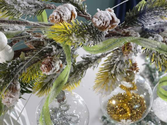 Artificial snow covered pine branch moldable with pine cones