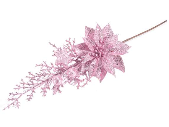 Pink glitter sprig with poinsettia, berries and star