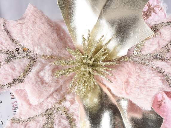 Gold and pink poinsettia in soft eco-fur with glitter