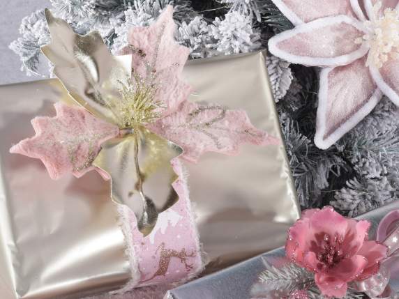 Gold and pink poinsettia in soft eco-fur with glitter