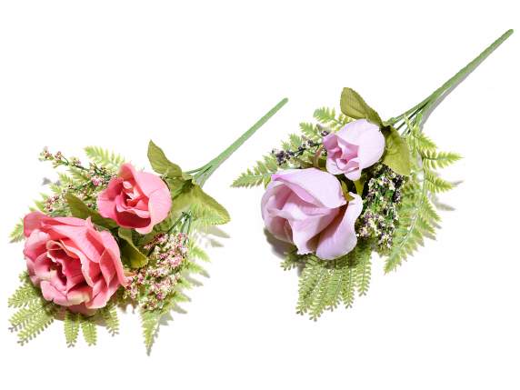 Sprig of artificial rose with bud and small flowers